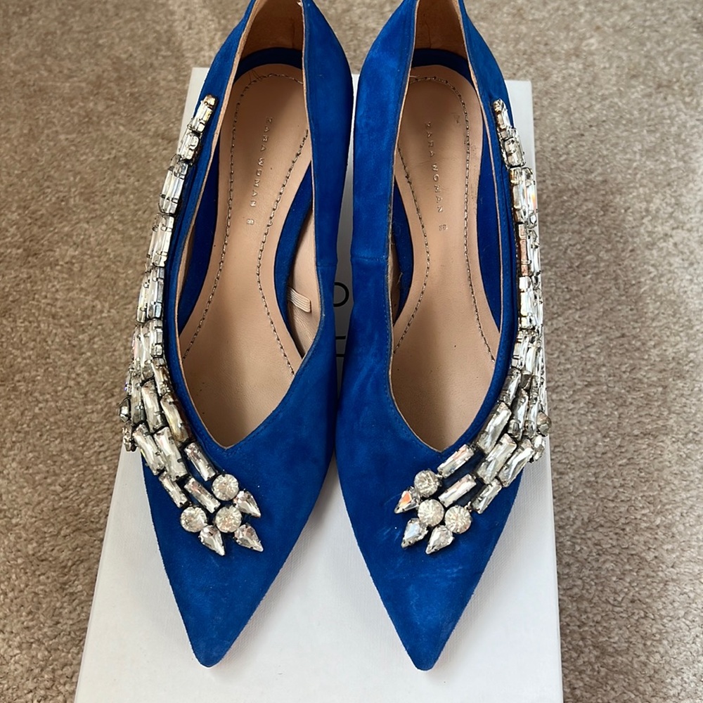 Zara blue suede rhinestone heels